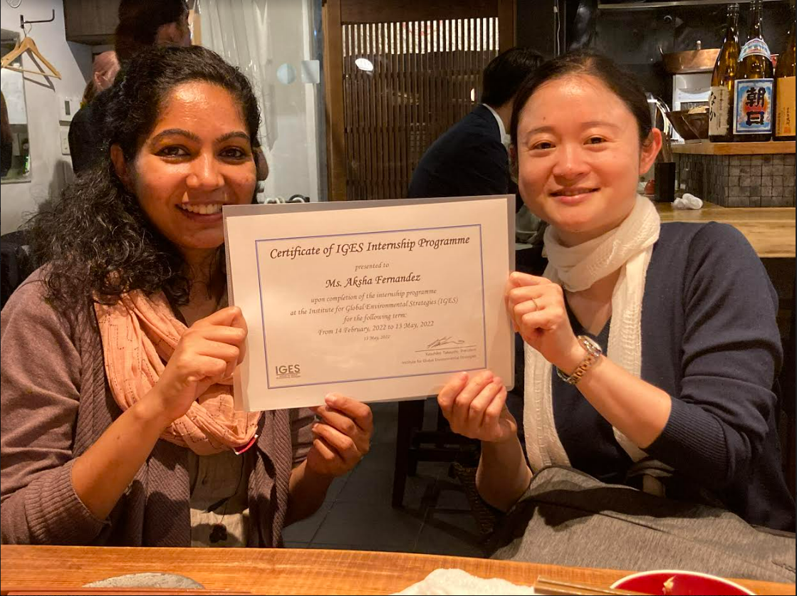 Ms. Aksha receiving her Certificate from her internship supervisor Ms. Tatsuno, CCET.