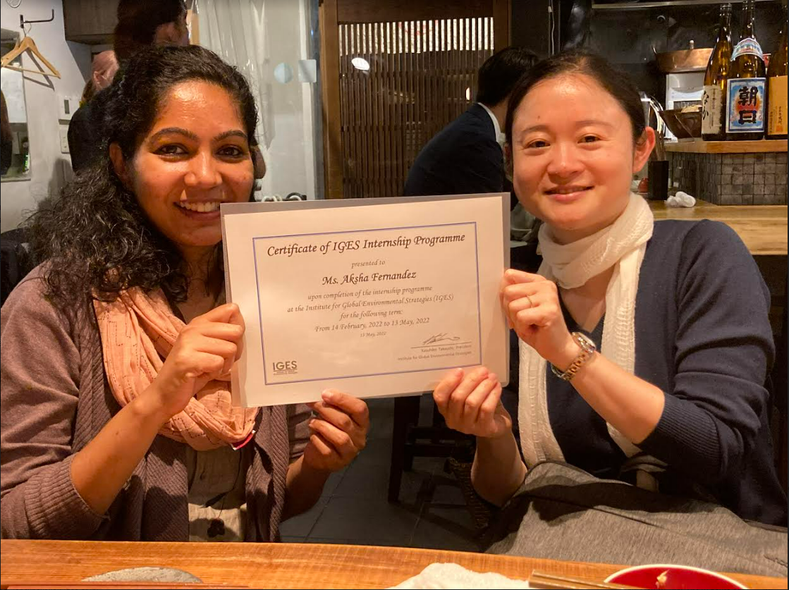 Ms. Aksha receiving her Certificate from her internship supervisor Ms. Tatsuno, CCET.  